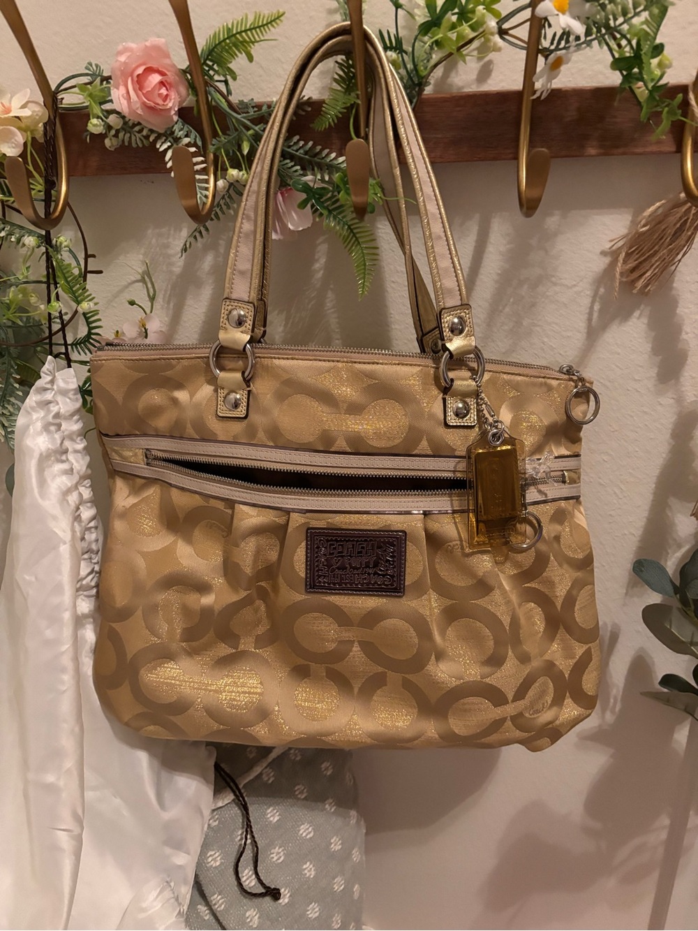 Coach Metallic Gold Signature Tote with Zip Pocket